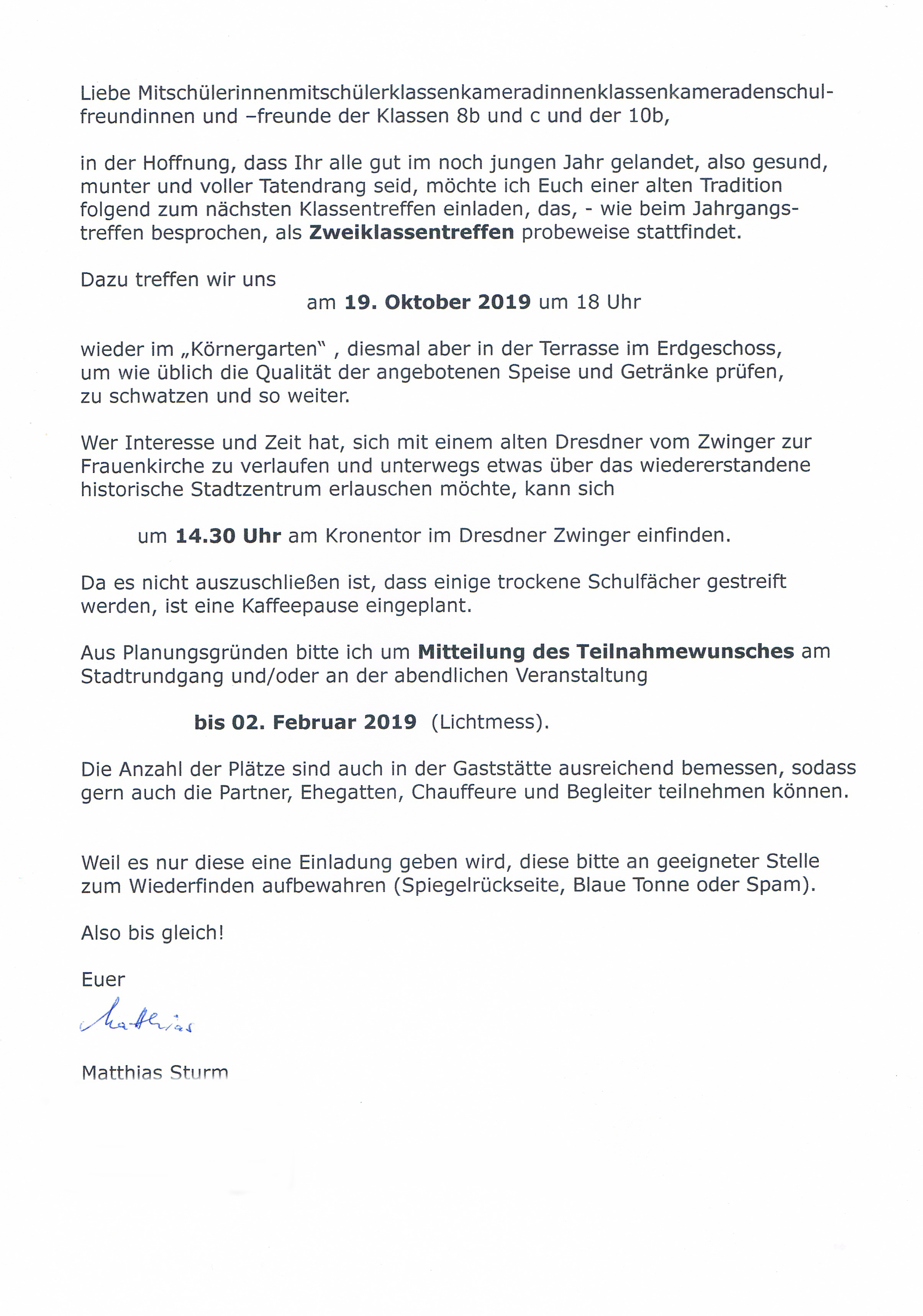 Einladung zum Klassentreffen 2019 von Matthias